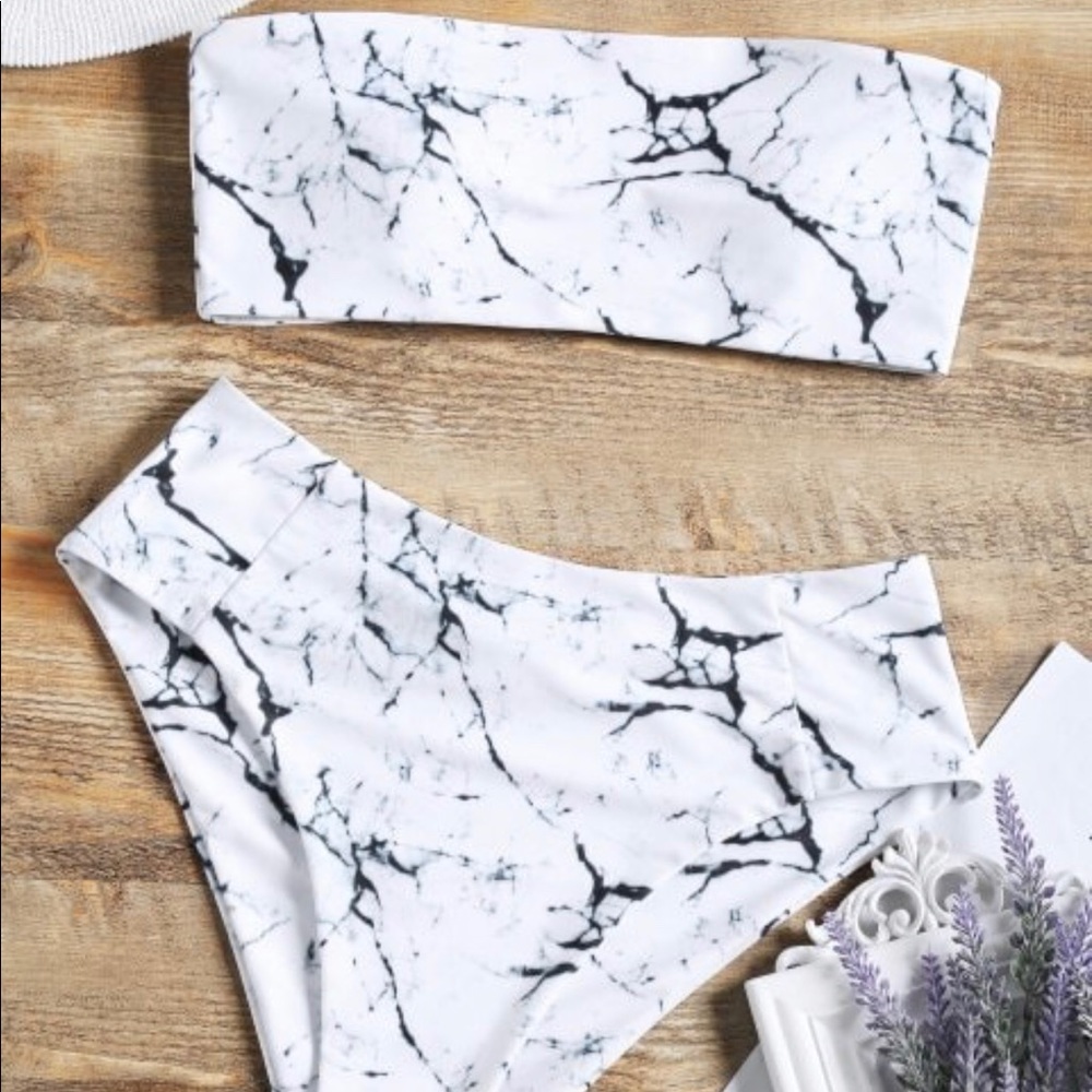 Marble Print High Waisted Bandeau Bikini Set